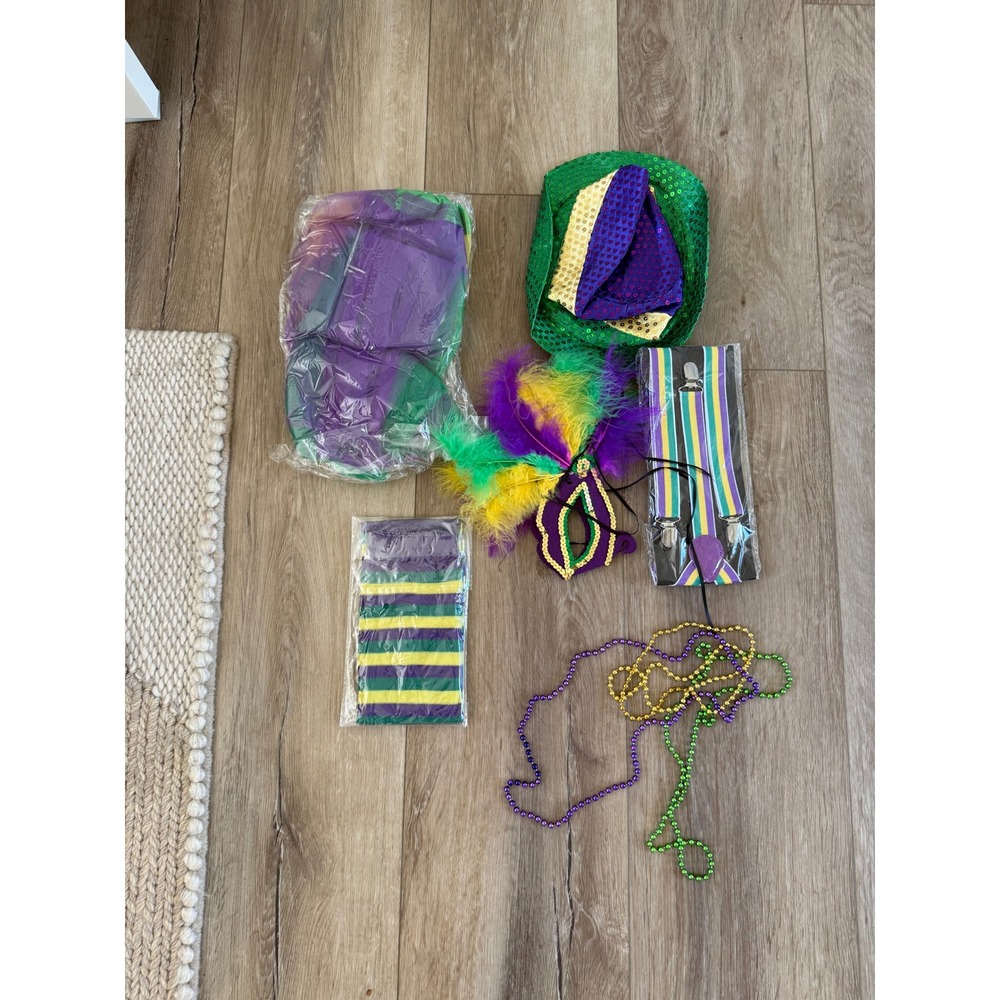 mardi gras purple, green & yellow costume set, unisex one size